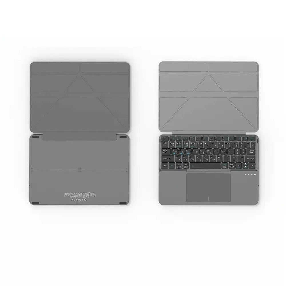 Grey wireless Bluetooth folding keyboard shown in open and closed positions for use with phones and tablets.