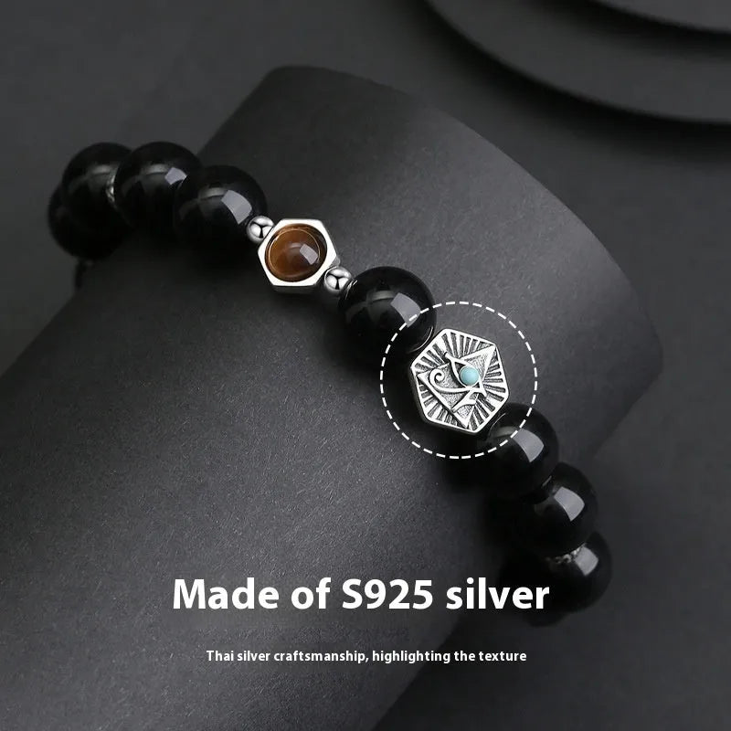 Men's S925 sterling silver bracelet with 8mm obsidian God's Eye geometric design