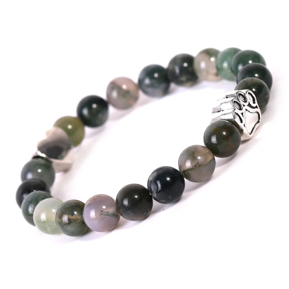 Tigereye Indian Agate Dog's Paw stone beaded bracelet in geometric unisex design.