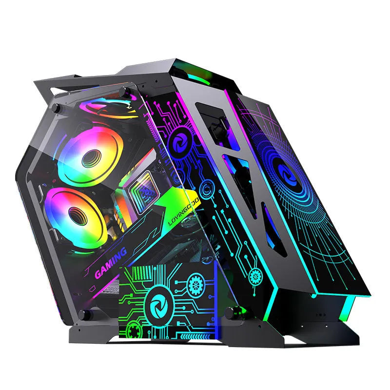 Table-type e-sports computer case metal chassis with RGB fan lighting on a desk