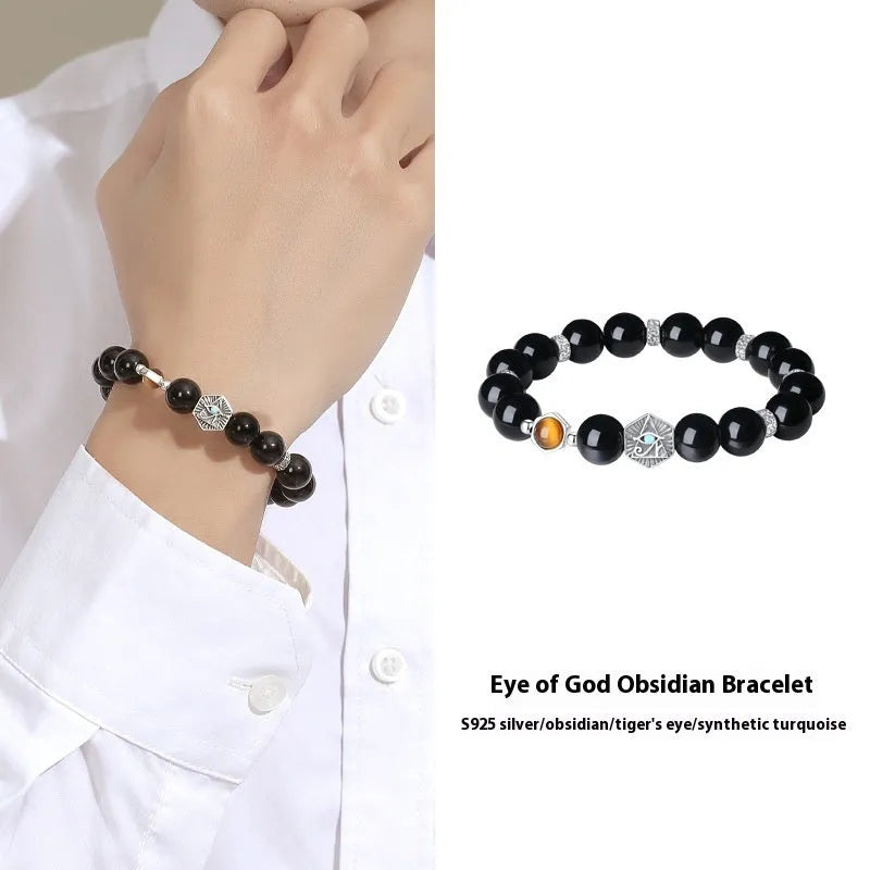 Men's S925 sterling silver bracelet with 8mm obsidian God's Eye geometric design