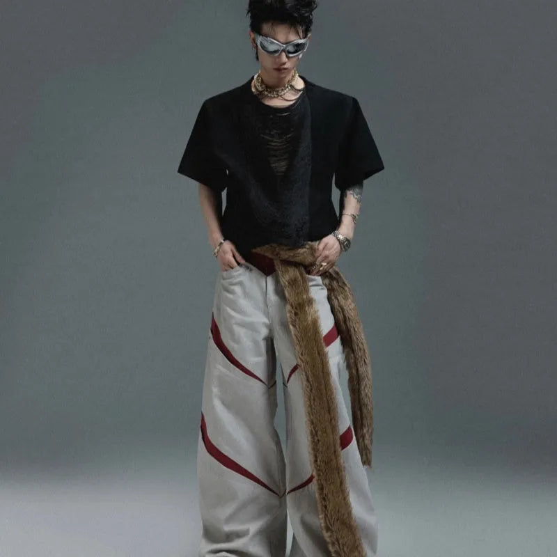 Men's black hollow out V-neck loose fit T-shirt with short sleeves and tassel detailing
