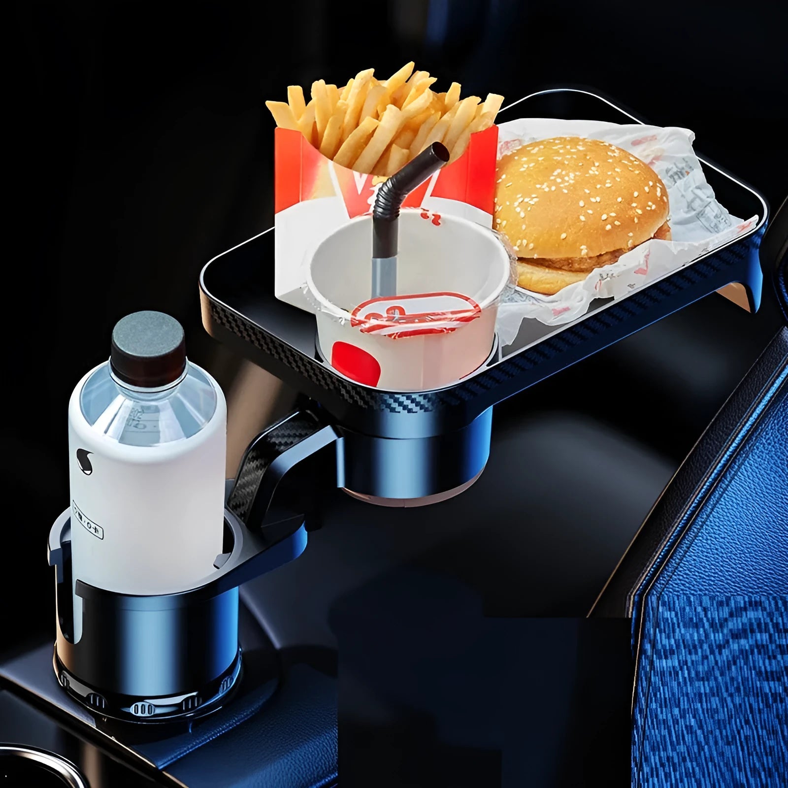 Black car-mounted rotating tray holder with dinner plate surface inserted in vehicle cup holder