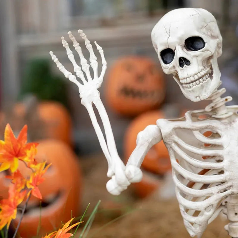 90cm tall posable plastic Halloween skeleton model with movable joints displayed outdoors