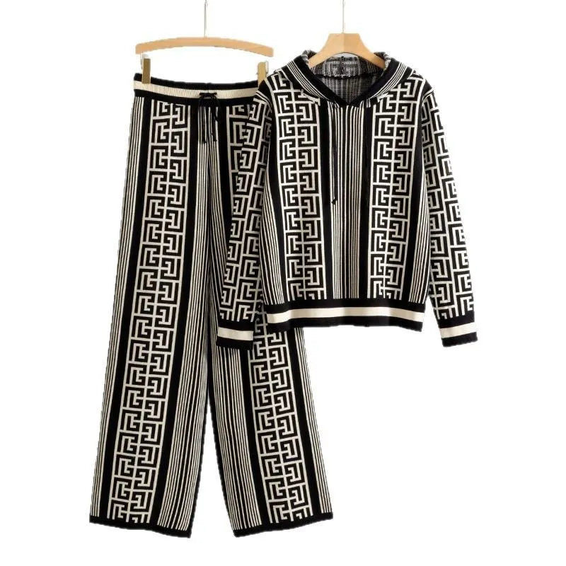 Women's casual knit two-piece set with hooded top and wide leg pants in khaki colour
