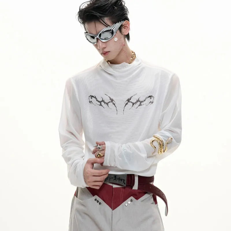 Black mesh slim-fit long sleeve base layer shirt laid flat, showing its texture and cut.
