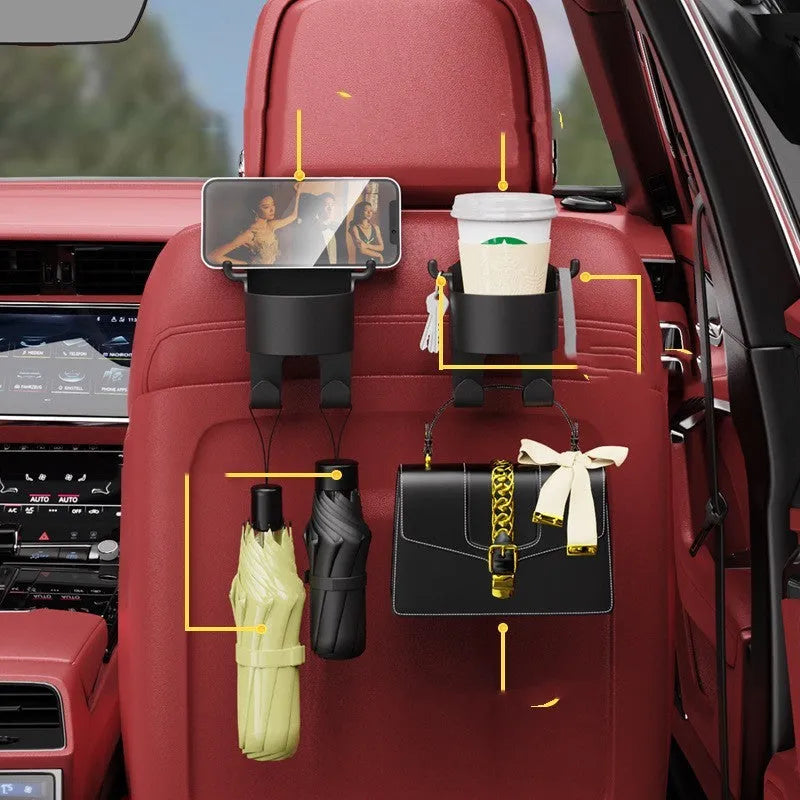 Black plastic car seat back organiser with cup holder and storage hook for vehicle interior