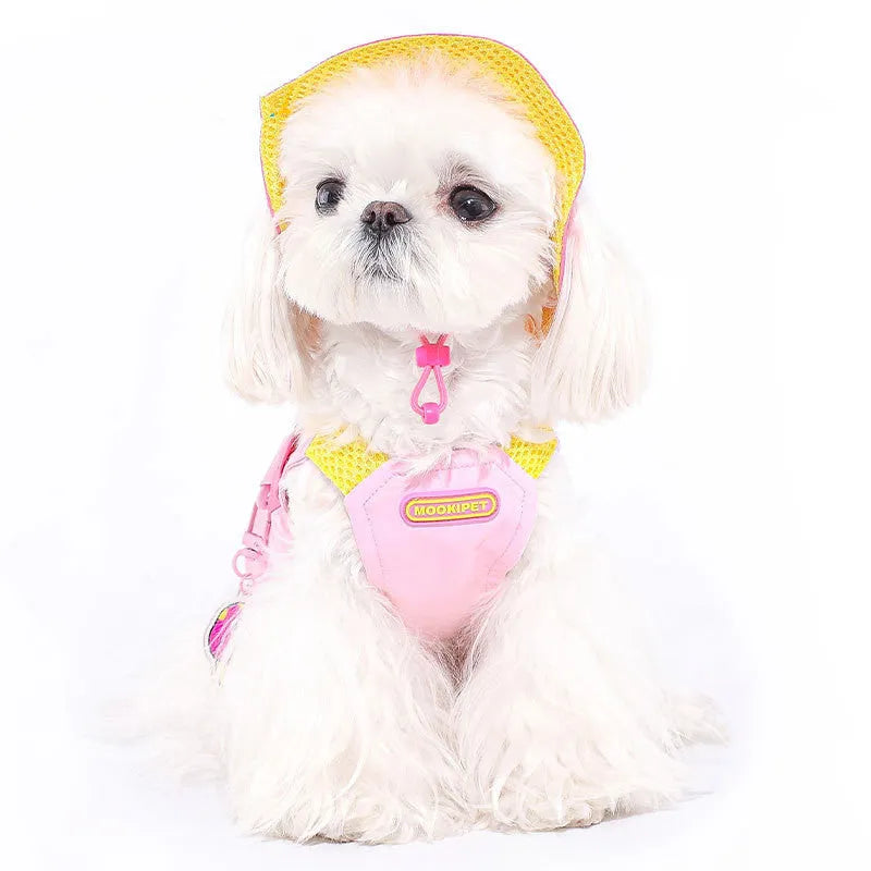 Pink polyester dog vest for small breeds on mannequin showing torso coverage