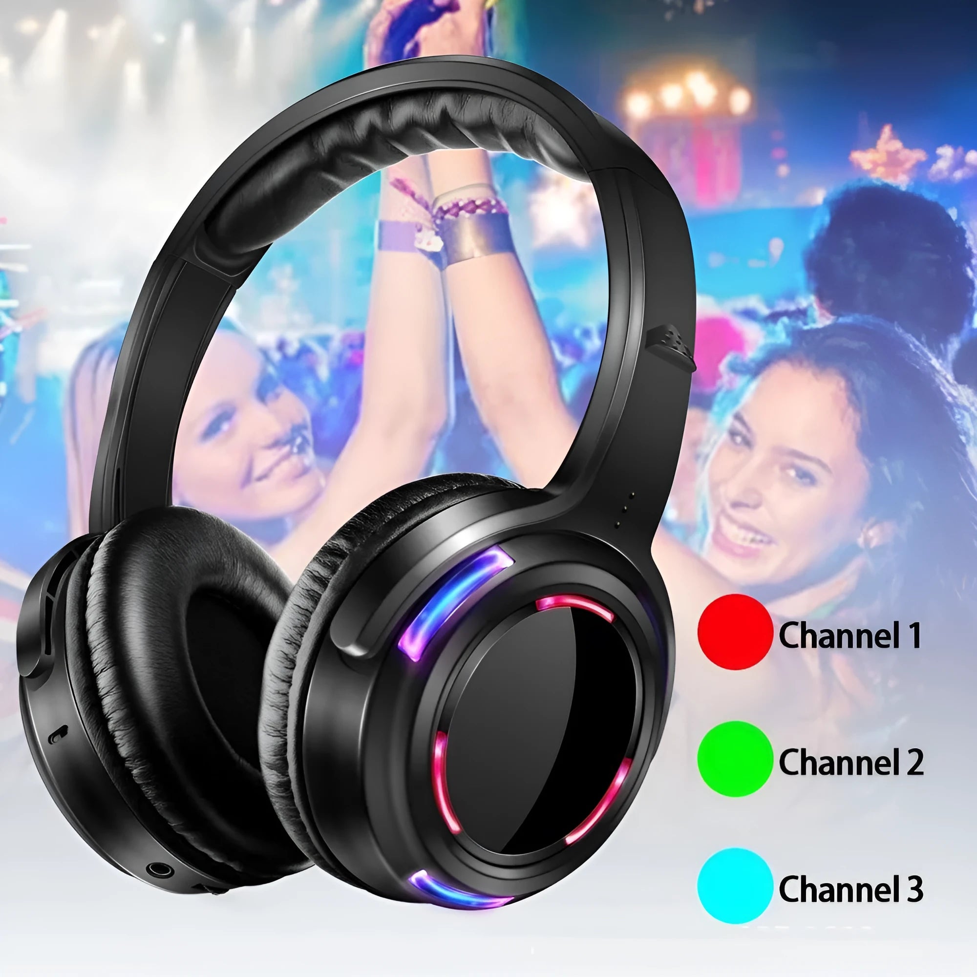 Black silent disco wireless headphones with 40mm drivers and 3.5mm plug for party use