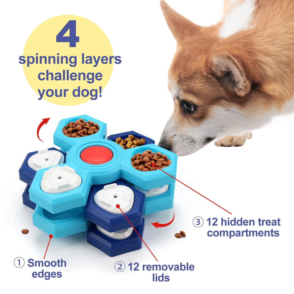 Blue 4-layer plastic puzzle slow feeder dog bowl on floor, assembled with non-slip base