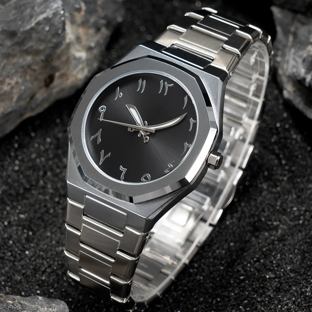 Men's business quartz watch with stainless steel strap showing three colour options