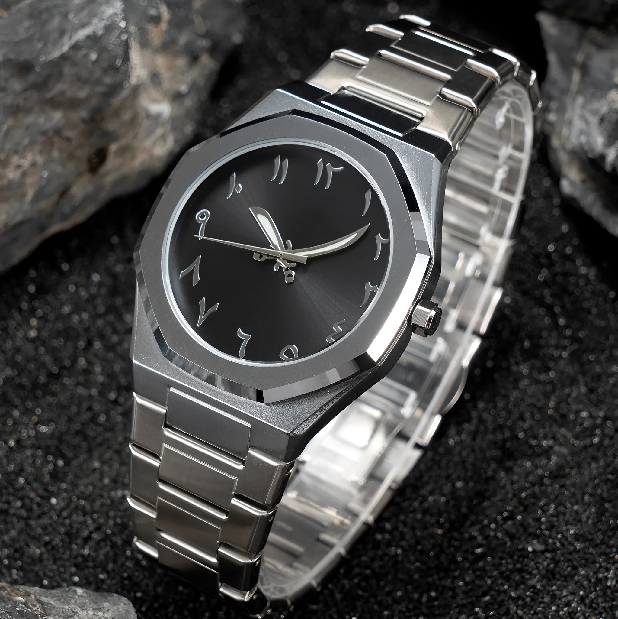 Men's business quartz watch with stainless steel strap showing three colour options