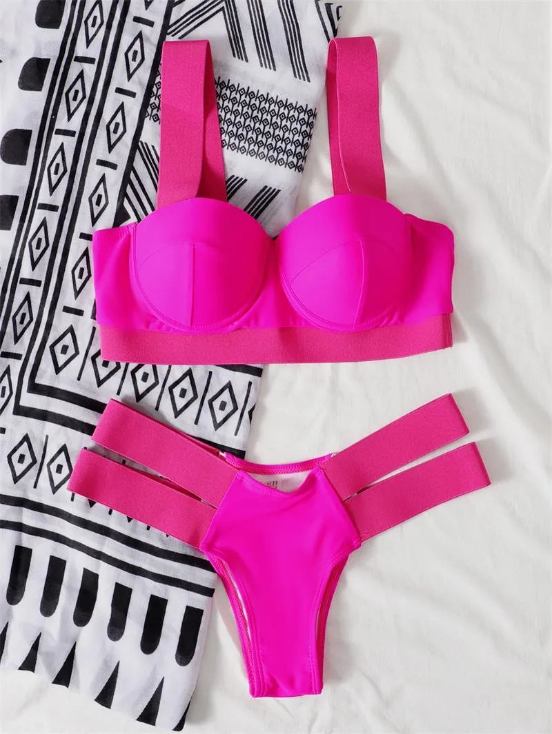 Women's contrasting colour bikini set with steel bracket push-up support, shown in rose red, black, peacock blue, and blue.