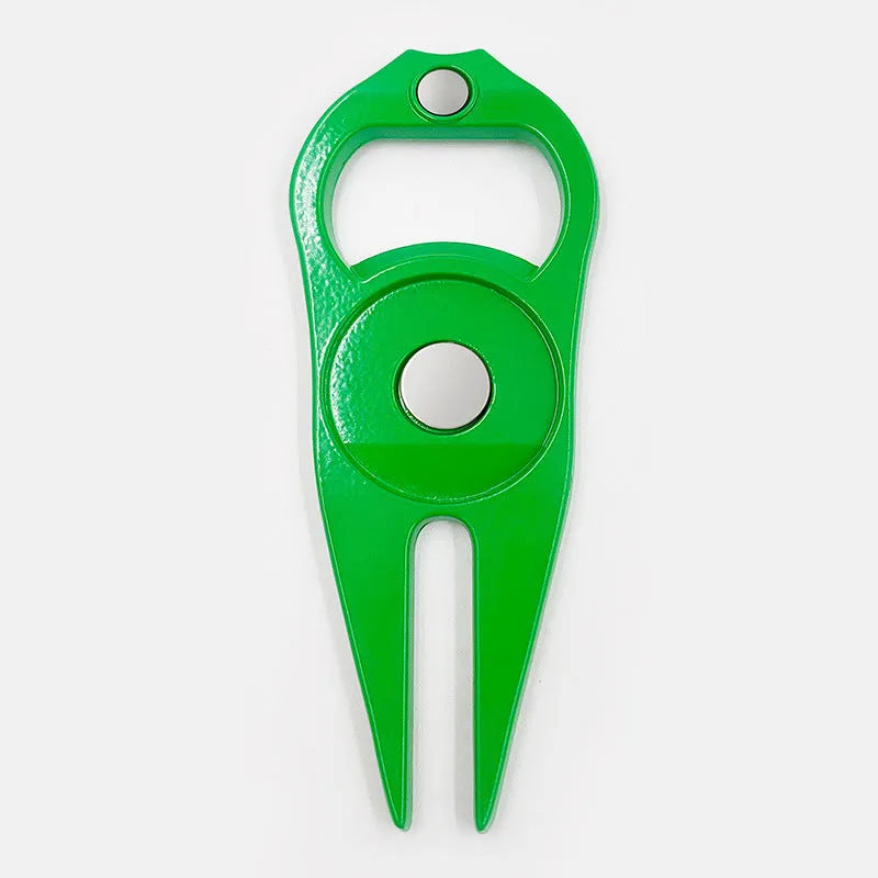 Zinc alloy golf ball fork bottle opener with ball marking yoke measuring 88mm x 35mm
