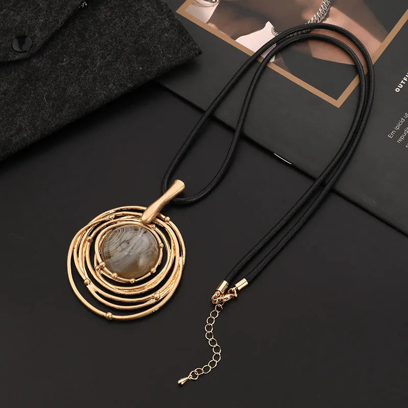 Women's gold geometric plaid alloy pendant necklace on snakeskin wax rope chain with adjustable 51-80cm length