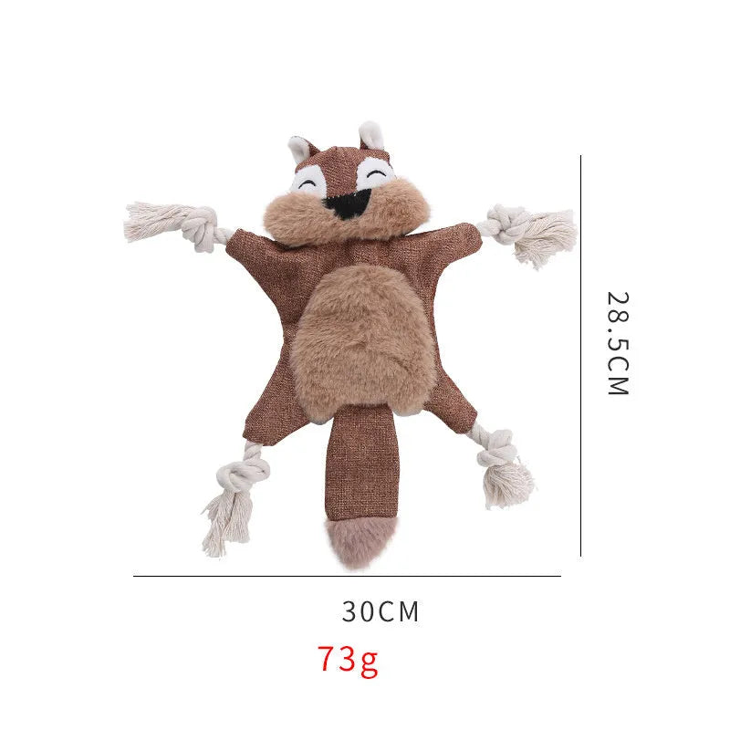 Brown fox dog toy with embroidered eyes, cotton rope arms and legs, squeaker in head
