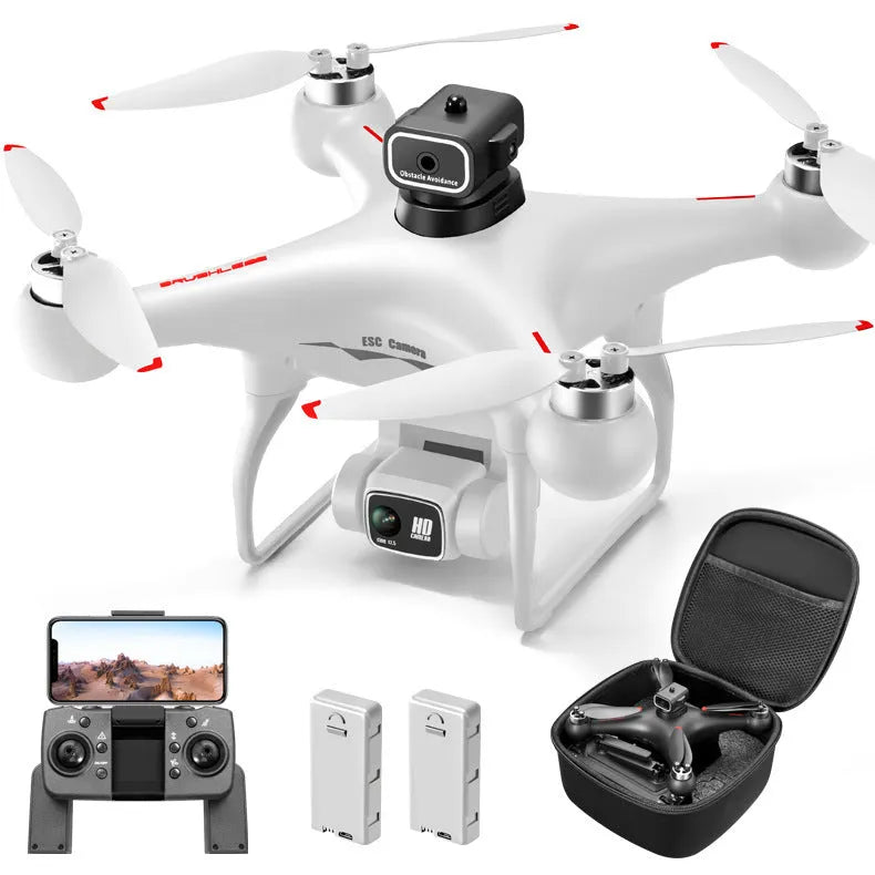 Black HD brushless UAV drone with four-side obstacle avoidance sensors and camera visible on compact plastic frame