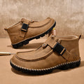 Handmade brown PU leather slip-on casual shoes with flat heel on a white background.