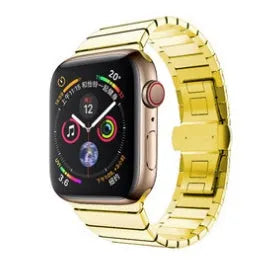 Stainless steel metal chain link strap with butterfly clasp for Apple Watch in silver colour.
