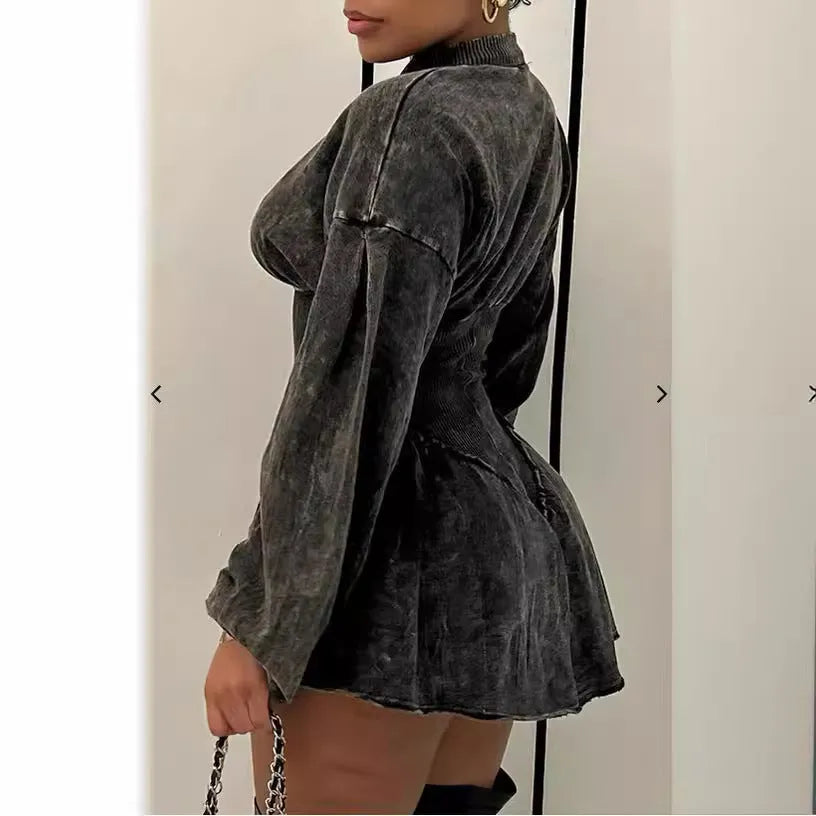 Grey digital print A-line women's dress with slim fit and long sleeves.