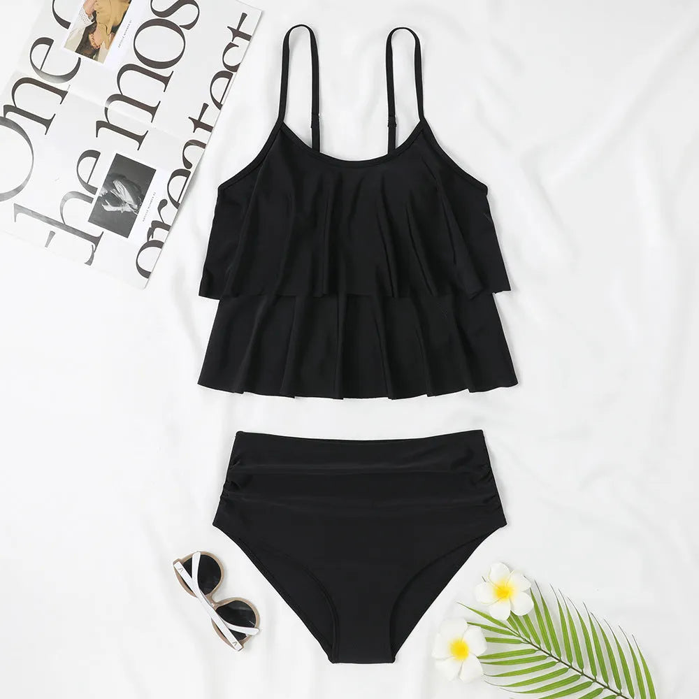 Women's high waist double-layer swimsuit with floral print and sleeveless briefs design