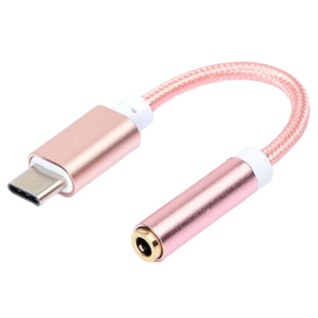 Close-up of a short black nylon Type-C to 3.5mm female headphone adapter cable.