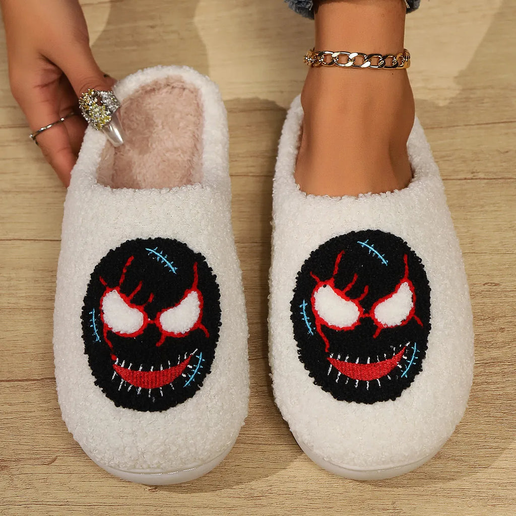 Women's indoor plush thermal cotton slippers with linen upper and non-slip sole in Mask Black colour