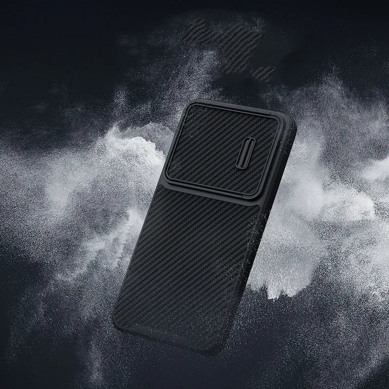 Black carbon fibre reinforced Samsung S23 Ultra phone case with lens push cover