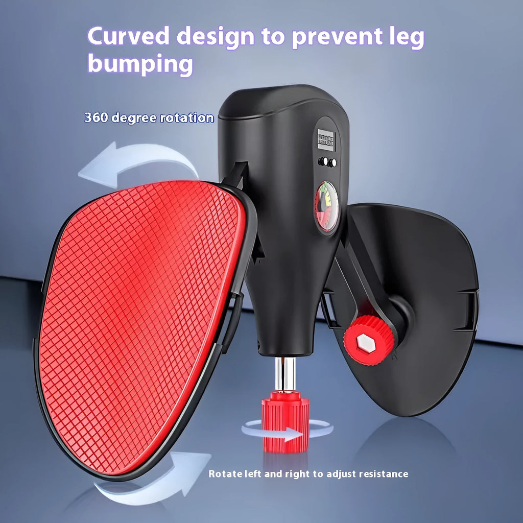 Men's black Kegel trainer for PC muscle exercise with optional straps and handle on a grey background.