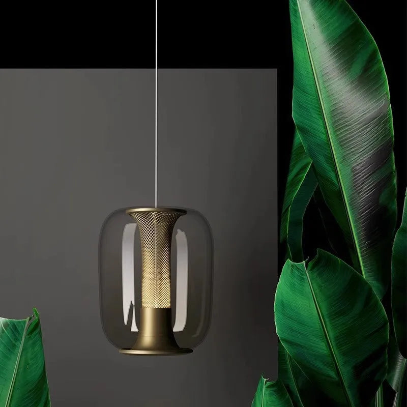 Minimalist Nordic single-light pendant chandelier with glass shade in smoke grey, cognac, or clear colour.