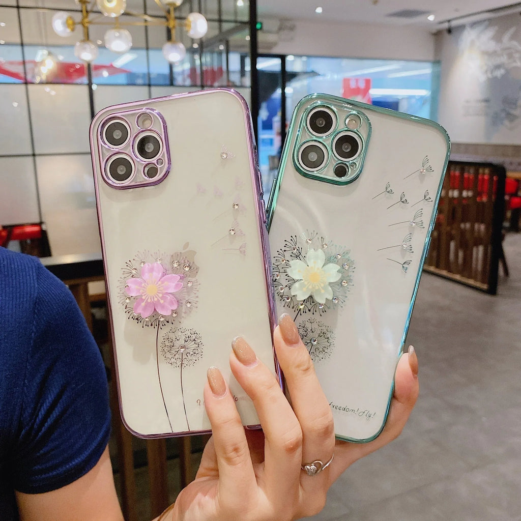 3D rotating flower silicone phone case for iPhone with built-in screen protector in green colour