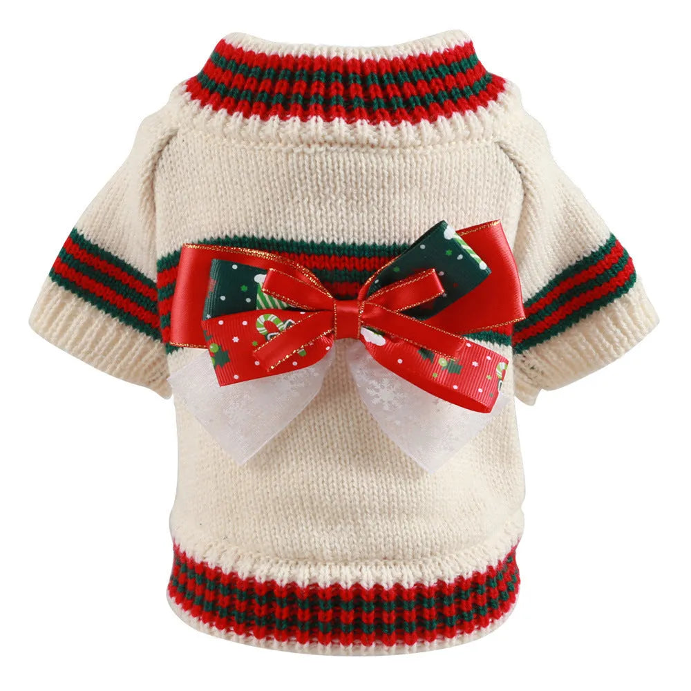 Red Christmas dog jumper on small pet with festive design and proper fitting