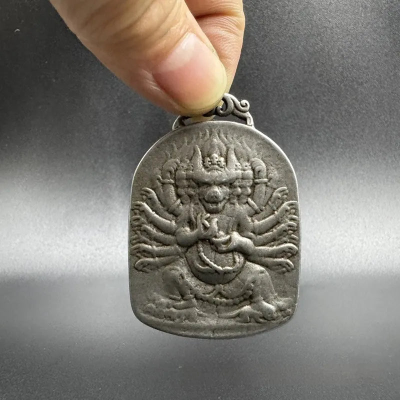 Iron Chinese style geometric pendant ornament with Buddhist deity design for wall hanging decoration.
