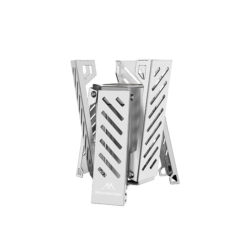Black hexagon-shaped foldable alcohol camping stove shown with dimensions.