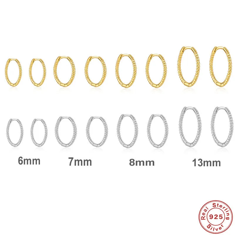Close-up of S925 sterling silver twisted string round hoop earrings in gold finish.