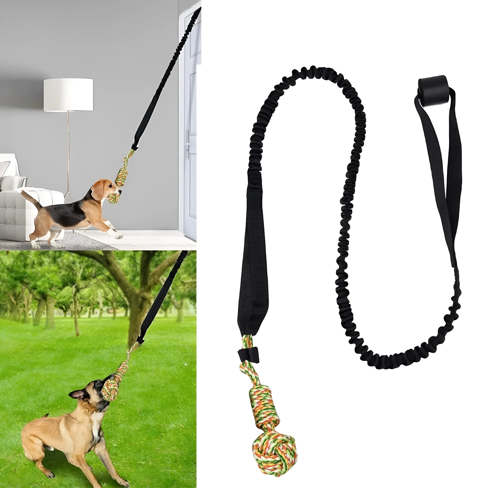Braided cotton dog tug of war rope toy in black colour with handle sections