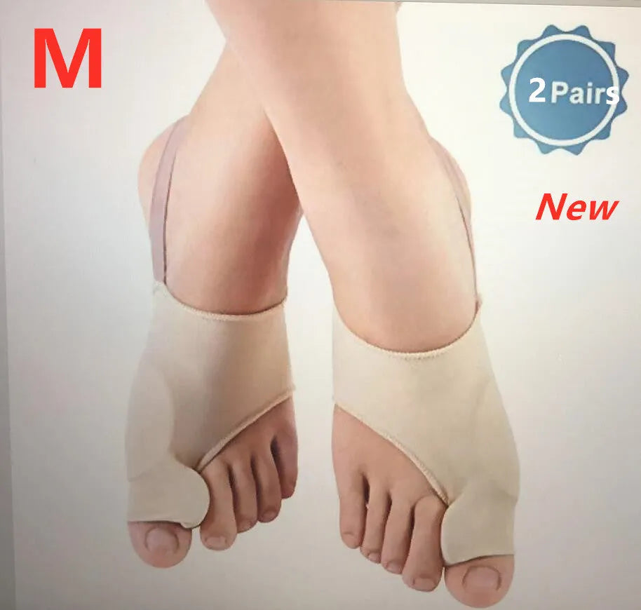 Corrective bunion sock with silicone gel toe separator shown in sizes S, M, and L on a foot diagram.
