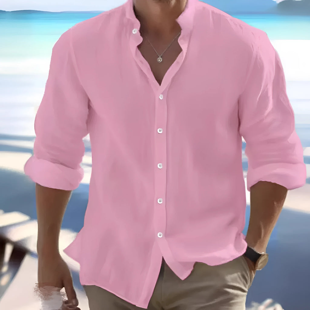 Men's light grey linen button-down summer shirt with a casual pullover style on a hanger.