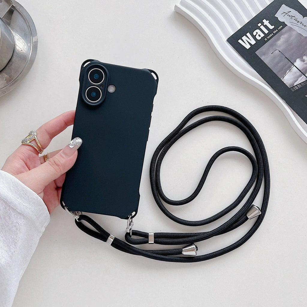 Four-corner cross lanyard liquid silicone phone case for Apple iPhone 16 in antique white with matching lanyard