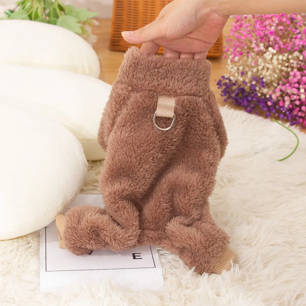 Khaki four-legged dog clothes with high collar and towing ring made of double-sided plush fabric