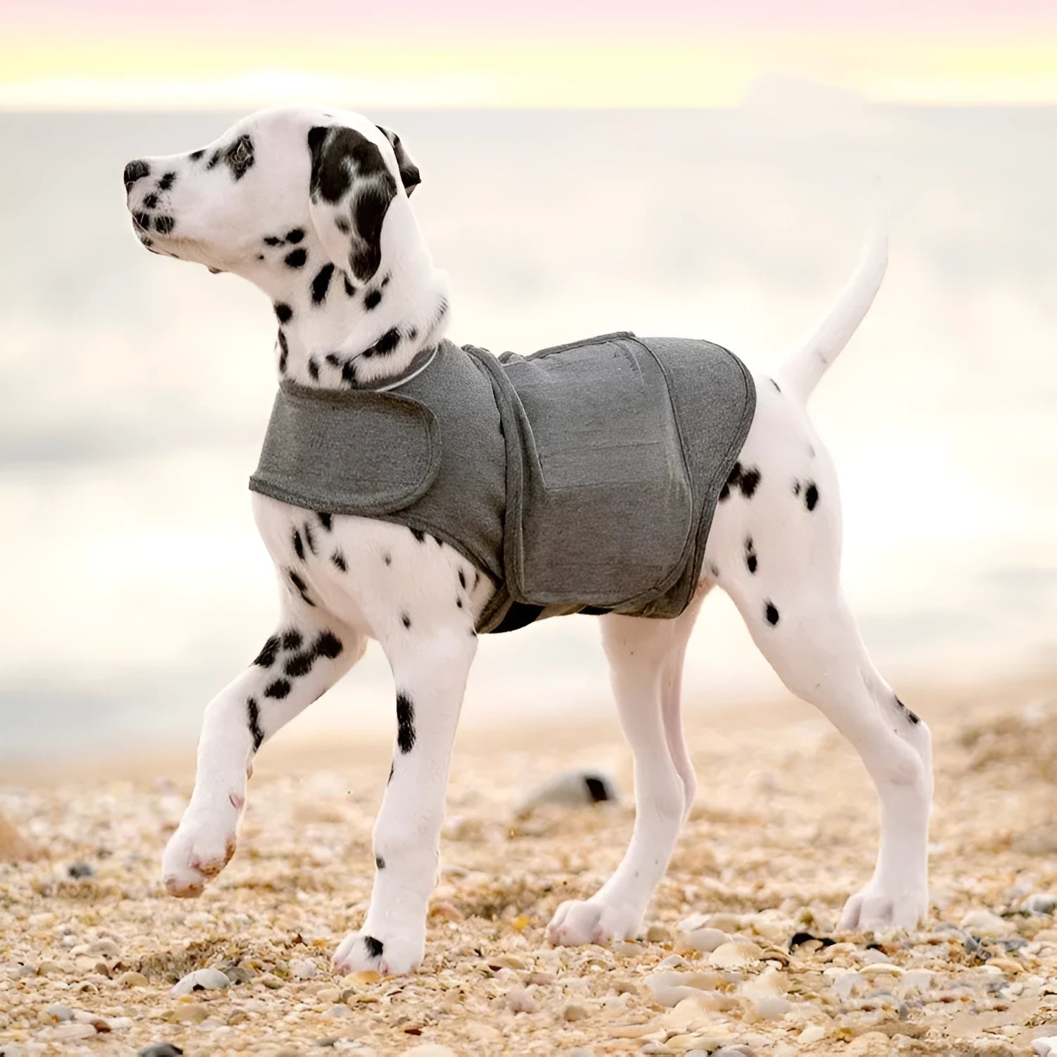 Heather grey dog anxiety vest or warm jacket for small, medium and large breed dogs.