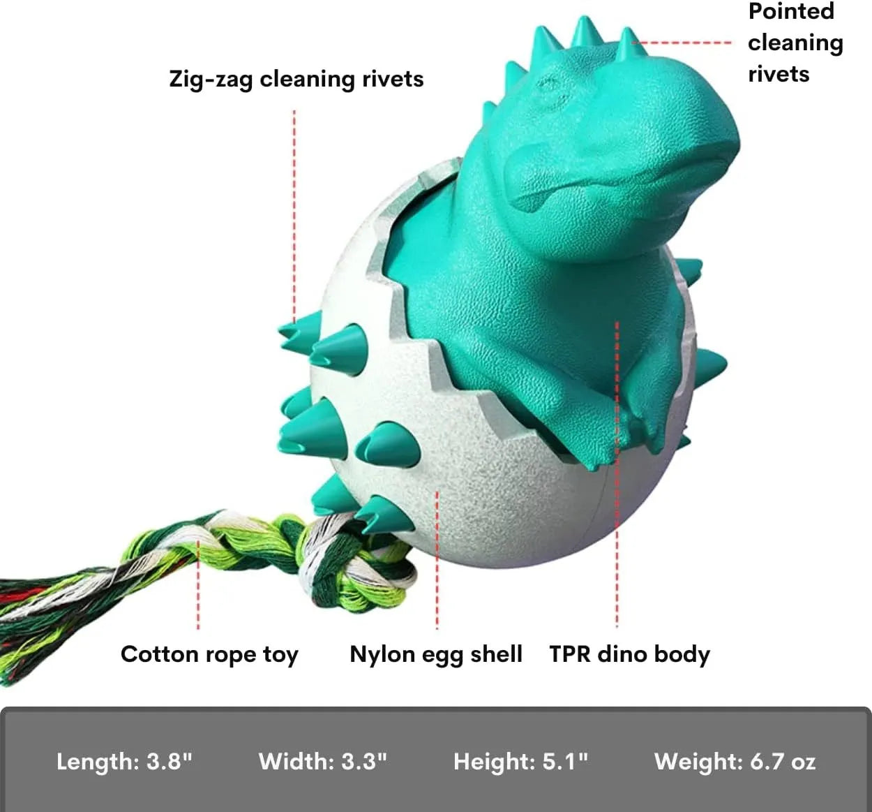 Blue dinosaur dog chew toy with rope tug element for aggressive chewers