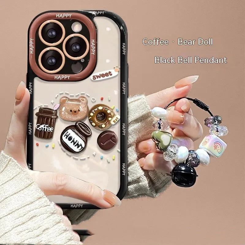 Silicone phone case with 3D coffee bear doll pendant and lanyard for Apple iPhone, cream black
