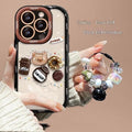 Silicone phone case with 3D coffee bear doll pendant and lanyard for Apple iPhone, cream black