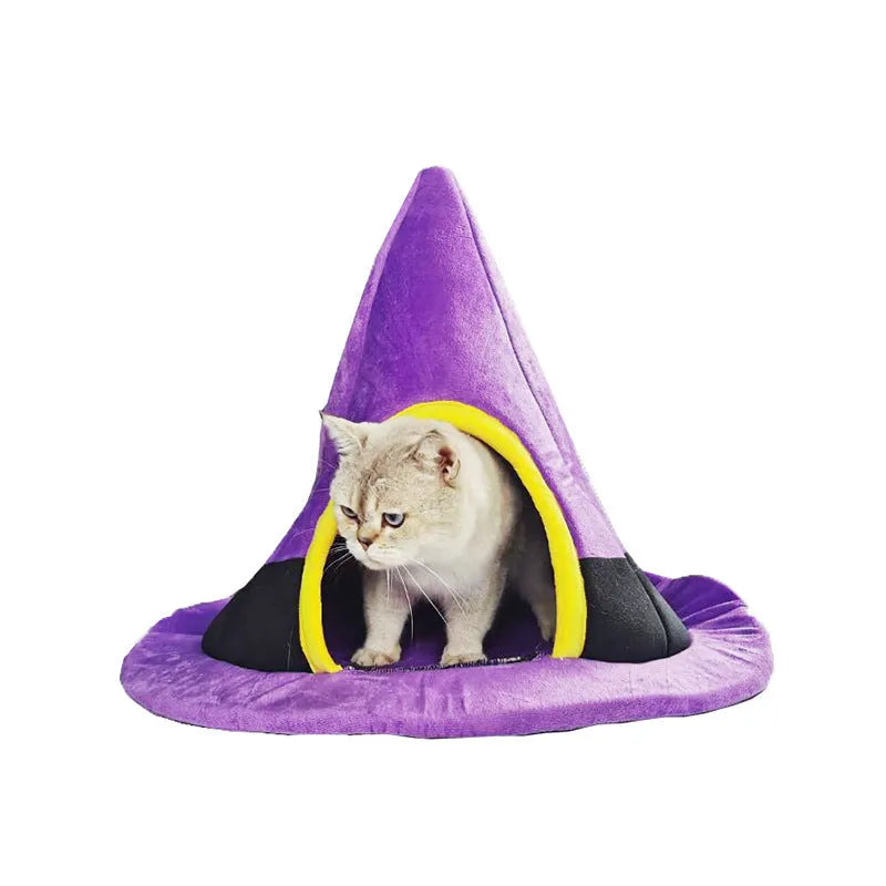 Purple cloth Halloween witch hat shaped cat bed measuring 60x45cm for cats