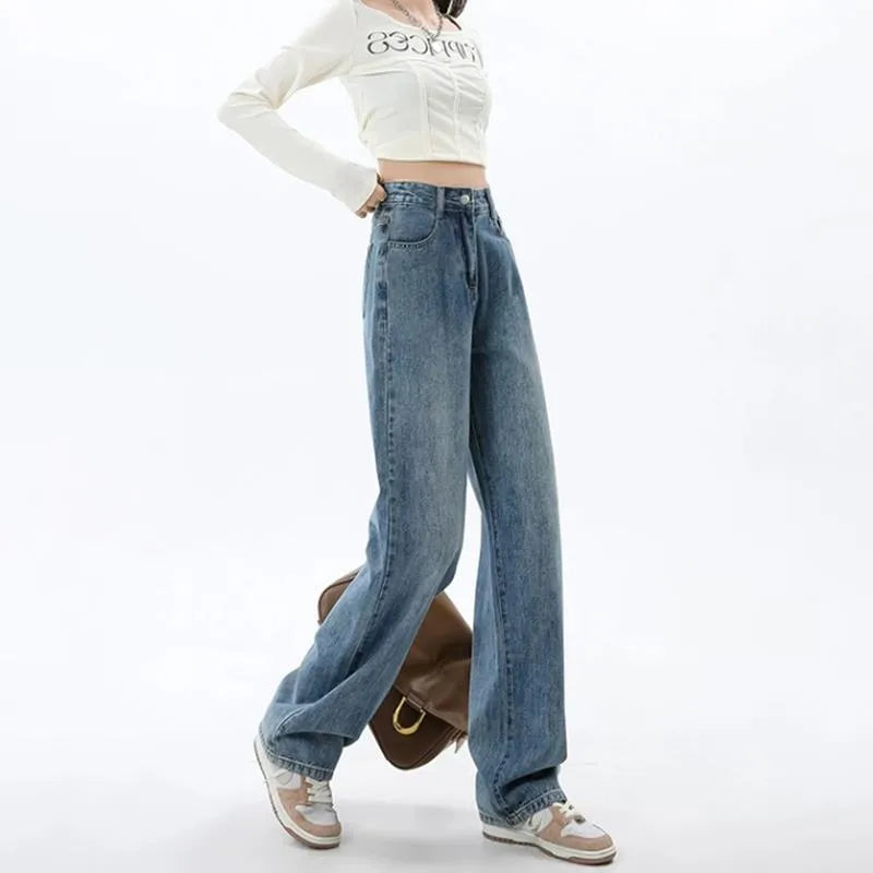 Women's retro blue high waist wide leg jeans with straight leg cut and stretch denim fabric