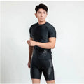 Men's plus size polyester swimming trunks and top set in colour pattern options A, B, or C Suit.