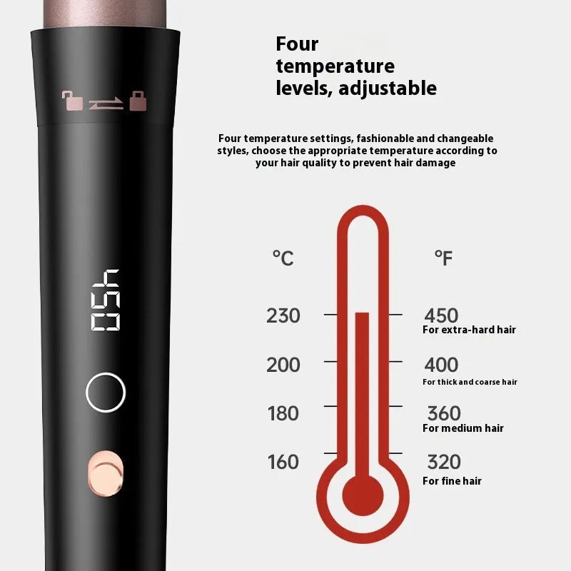 Rose gold five-barrel interchangeable hair curler with LCD screen and protective gloves