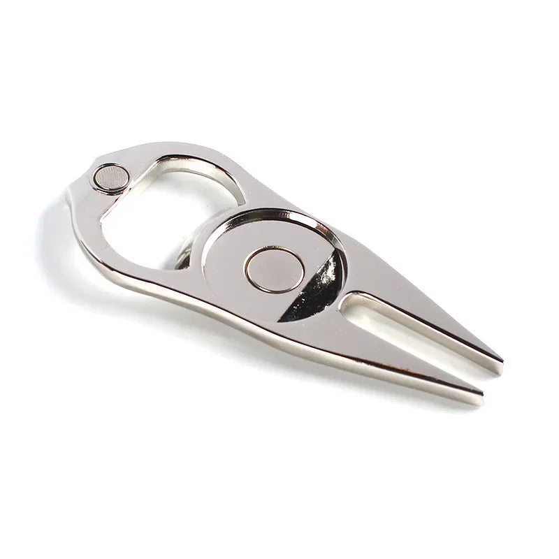 Zinc alloy golf ball fork bottle opener with ball marking yoke measuring 88mm x 35mm