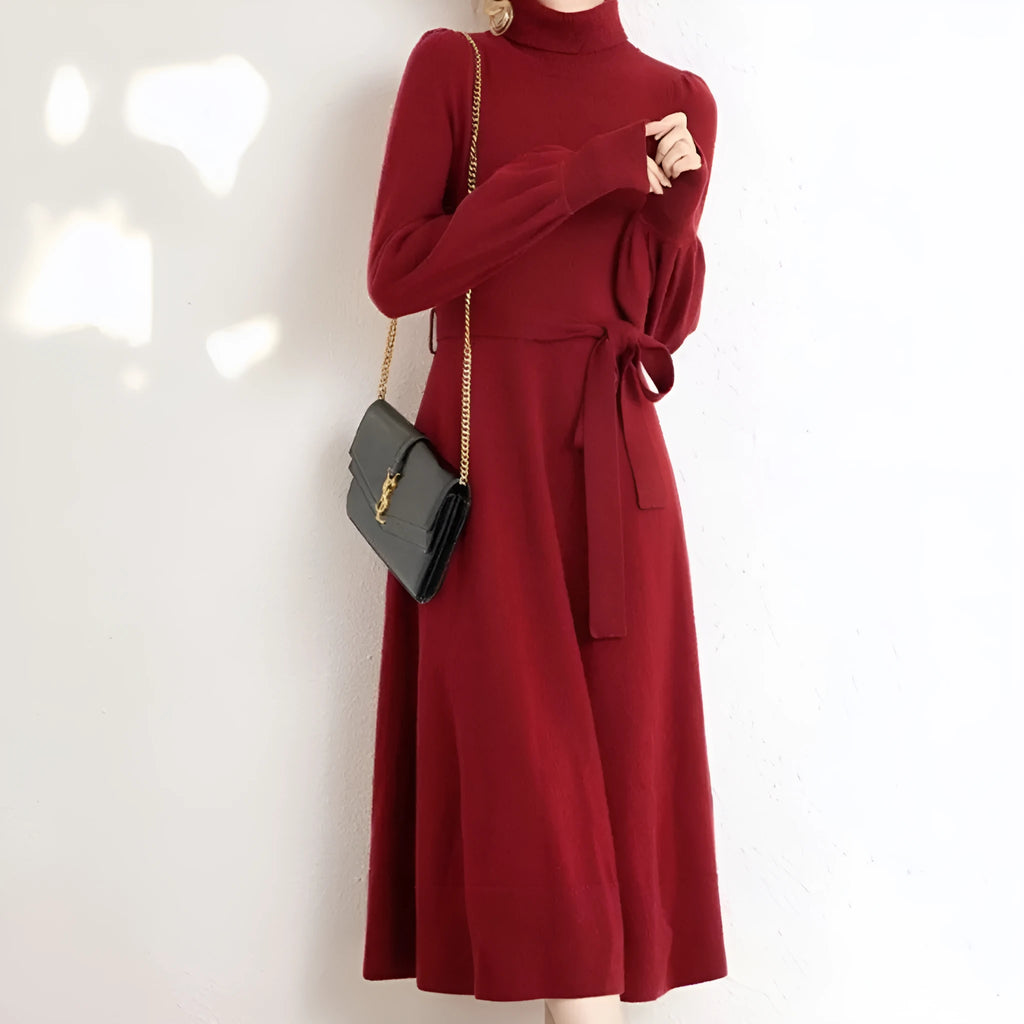 Adult ladies' turtleneck knit dress with elastic waist in rose red, black, red, or blue colours
